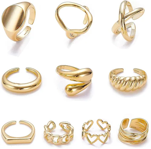 MOROYA 10 anillos gruesos de cúpula de oro para mujer chapados en oro de 18 quilates trenzados redondos anillos de sello ajustables y abiertos talla