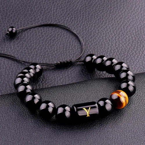 Miniatura 124 de SUMMER LOVE Regalos para el Día del Padre, pulsera con inicial de piedra de ónix negro de 0.394 pulgadas para hombres, pulsera de cuerda trenzada