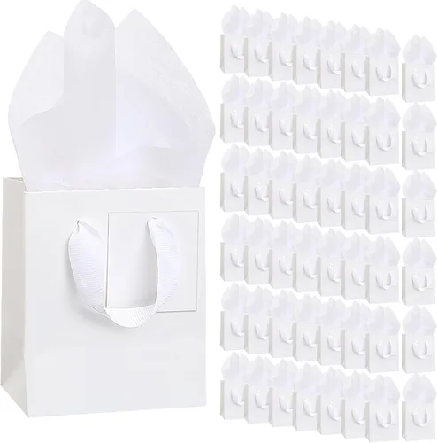 Miniatura 22 de Qilery 50 bolsas de regalo de papel de boda a granel con papel de seda, pequeñas bolsas de regalo con asa y etiquetas para cumpleaños, bodas