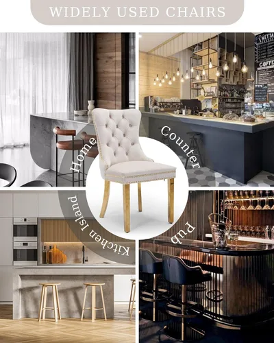 Miniatura 7 de Juego de 2 sillas de comedor de terciopelo tapizadas con acolchado y borde con cabeza de clavo y patas doradas de acero inoxidable para cocina, Beige