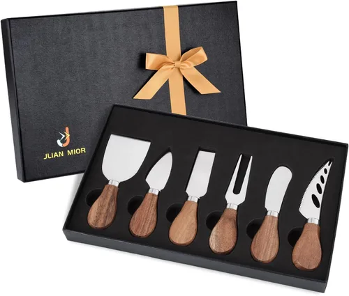 Exquisito juego de cuchillos de queso de 6 piezas, colección de cuchillos de queso de acero inoxidable (mango de madera de acacia)
