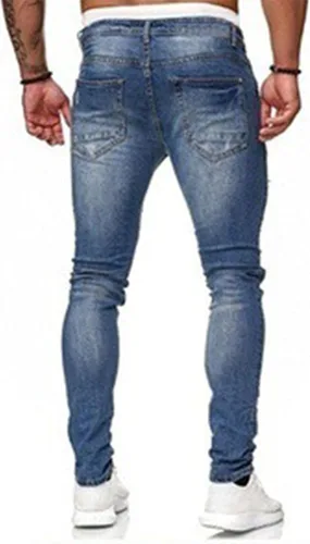 Miniatura 3 de HUNGSON Men's Blue Slim Fit Jeans Stretch Destroyed Ripped Skinny Jeans Side Striped Denim Pants