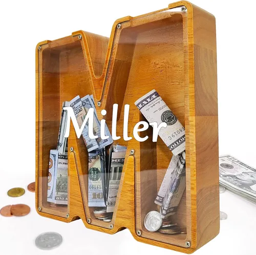 Miniatura 18 de Alcancía para niños y niñas, alcancía grande de madera personalizada con diseño recortado, bancos de monedas con letras del alfabeto, caja de ahorro