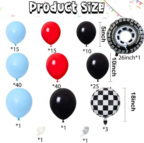 Miniatura 2 de Kit de guirnalda de arco de globos de auto de carreras, 151 piezas de látex rojo azul y globos de neumáticos de rueda a cuadros para autos