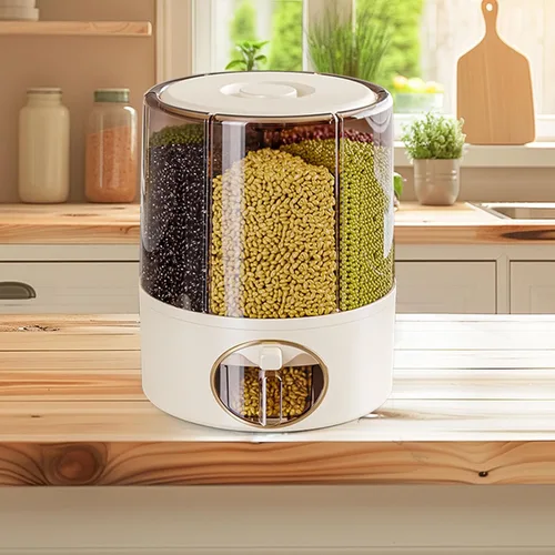 Dispensador de granos, dispensador de alimentos secos giratorio de 360 grados con 6 compartimentos, salida de un solo clic, dispensador de granos