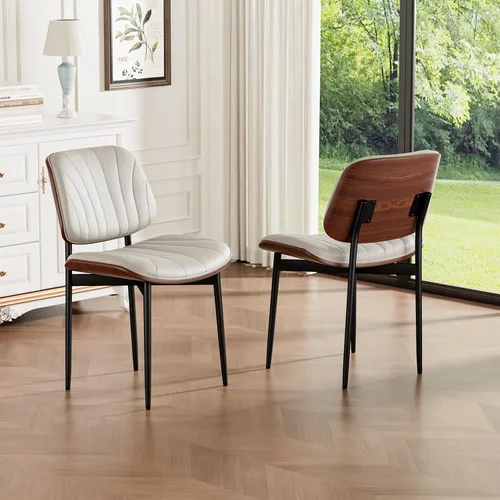 Miniatura 13 de REONEY - Juego de 4 sillas de comedor, modernas de mediados de siglo, tapizadas en piel sintética PU con respaldo de madera curvada de nogal y patas