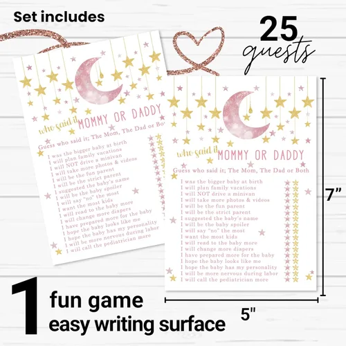 Miniatura 2 de Paper Clever Party Twinkle Little Star - Juego de baby shower para niñas, 25 tarjetas de juego de Adivina quién mamá o papá, divertidas actividades