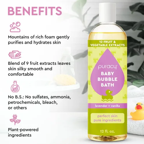 Miniatura 2 de Puracy Baño de burbujas para niños, suavemente perfumado con lavanda real y vainilla, baño de burbujas 98.75% natural para bebé, humectantes a base