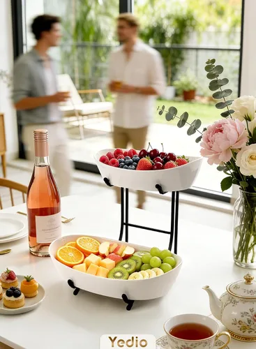 Miniatura 2 de Cuencos de frutas para encimera de cocina, no requiere montaje, cuencos de porcelana de 2 niveles con soporte de metal, cesta de frutas escalonada