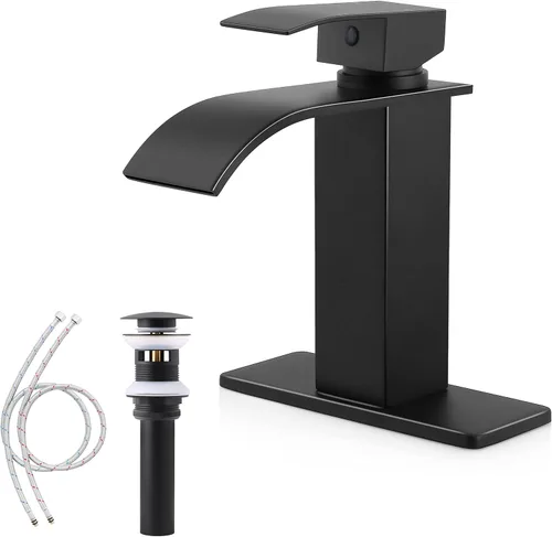 Miniatura 10 de Herogo - Grifo de lavabo de baño sin contacto, sensor automático, color negro mate, cascada de acero inoxidable, con drenaje desplegable de latón