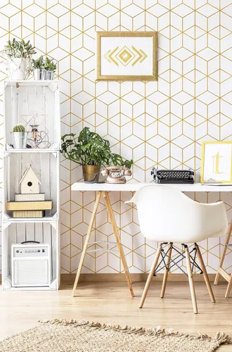 Miniatura 4 de Safiyya Papel de contacto dorado y blanco, papel tapiz geométrico para despegar y pegar, papel tapiz extraíble para dormitorio, rollos de vinilo