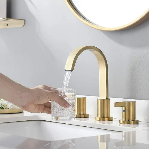 Miniatura 6 de Phiestina Grifo de lavabo de baño de oro cepillado generalizado de 8 pulgadas con 3 agujeros y 2 manijas con drenaje emergente de metal, WF040-1-BG
