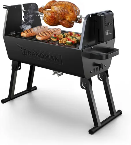 Brand‑Man - Parrilla de barbacoa de carbón 2 en 1 con asador motorizado – Parrilla portátil y plegable, parrilla de barbacoa exterior de 257