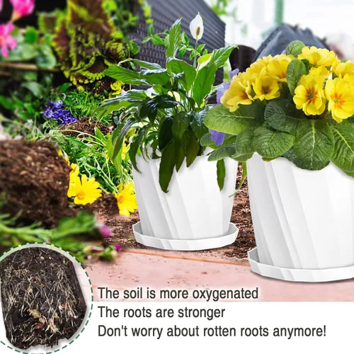 Miniatura 6 de Macetas de 8 pulgadas con agujeros de drenaje y platillos - Macetas para plantas de interior - Macetas de plástico blanco para plantas al aire libre