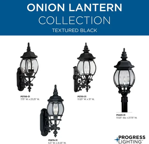 Miniatura 2 de Progress Lighting Onion Lantern Collection - Farol de pared tradicional de cristal biselado transparente con 3 luces, color negro