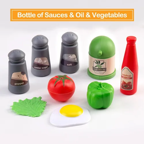 Miniatura 5 de Juego de 90 accesorios de cocina, cocina de simulación con ollas, sartenes, utensilios de cocina, alimentos, frutas, verduras, cestas de Rosa