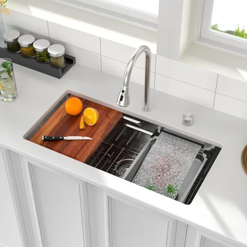 Miniatura 27 de Logmey Fregadero de cocina de montaje inferior de 33 pulgadas 33x19 Fregaderos de acero inoxidable SUS304 calibre 16 hechos a mano de un solo