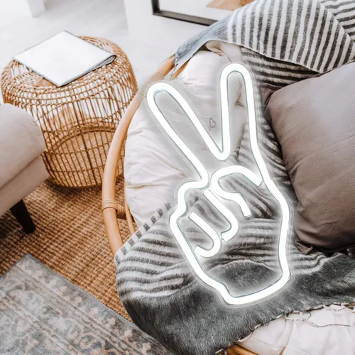 Miniatura 6 de ineonlife Decoración de Letrero de Paz de Neón, Letreros LED de Neón de Paz, Letrero de Pared con Signo de Paz con Dedos de 15'' x 8'', Gesto