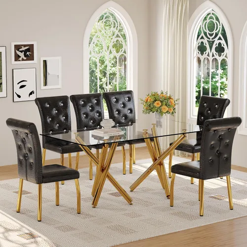 Miniatura 8 de Ebullient Moderno juego de mesa de comedor para 6, mesa de comedor de cristal de 71 pulgadas y patas de mesa de metal dorado, mesas de comedor