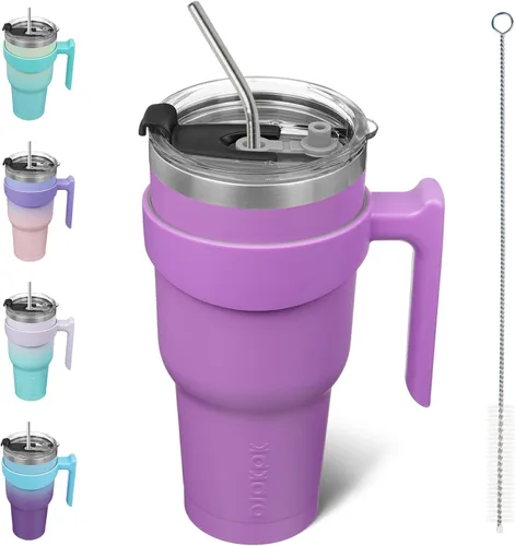 Miniatura 33 de BJPKPK Vaso con asa de acero inoxidable de 20 onzas, con aislamiento de doble pared, con tapa y pajita, color rosa claro A-rosa claro