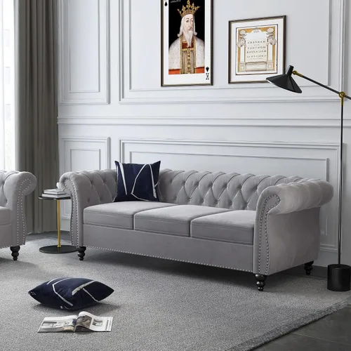 Miniatura 5 de ORRD Sofá Chesterfield, moderno sofá de terciopelo copetudo de 3 plazas con brazos de desplazamiento y cabeza de clavos para sala de estar