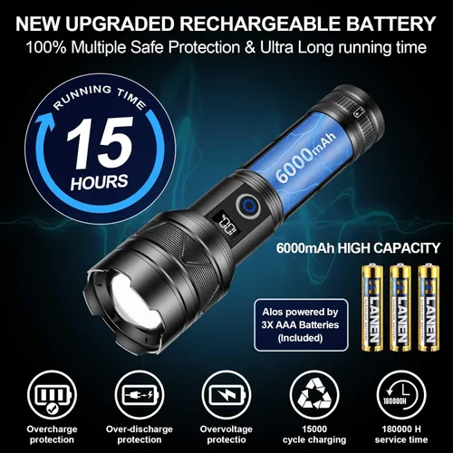 Miniatura 8 de Linternas recargables de 10000 lúmenes altos, largo alcance, 5000 pies, linterna LED súper brillante USB C, alta potencia, multifuncional