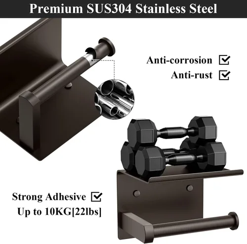 Miniatura 4 de Tindbea Soporte de papel higiénico con estante para teléfono, soporte de pared adhesivo o con tornillos, soporte de rollo de papel higiénico