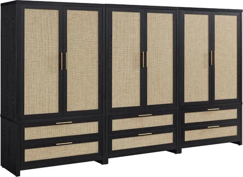 Miniatura 10 de SICOTAS Armario Ropero Gabinete de Ratán, Gabinete de Almacenamiento de 71" con Puertas, 2 Cajones y Barra Colgante, Organizador de Ropa Boho Roble