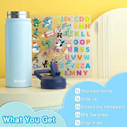 Miniatura 7 de baab Botella de agua para niños de 18 onzas, botella de agua aislada con popote y calcomanías, taza con popote de agua para niños de acero