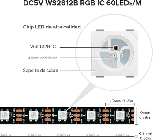 Miniatura 3 de SEZO WS2812B ECO Tira de luz LED 16.4 pies/5M 60 LED/m 300 píxeles, direccionable individualmente, programable, 5050SMD, RGB, aleación, cables Negro