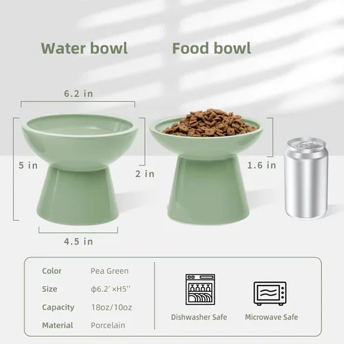 Miniatura 2 de CEEFU 2 cuencos elevados de cerámica para gatos extra anchos para alimentos y agua, plato de comida poco profunda, sin plomo ni cadmio, altura Verde
