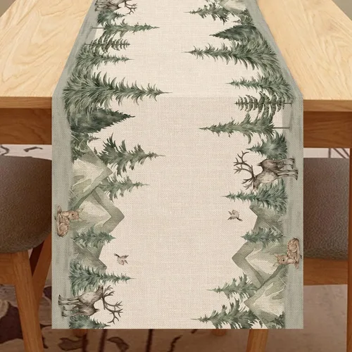 Miniatura 6 de Seliem Camino de mesa de bosque invernal con renos y pinos, decoración de Navidad con alces acuarela gorrión para la cocina del hogar, decoración