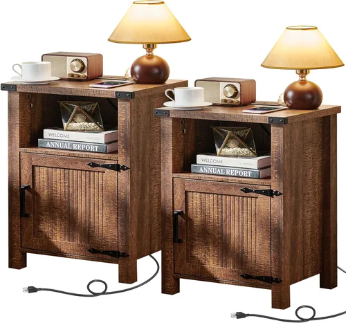 Miniatura 16 de Joaxswe Mesita de noche rústica de 18 pulgadas con estación de carga y puerto USB, mesa auxiliar rústica para sofá con puerta magnética, mesas Negro