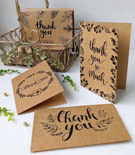 Miniatura 4 de 150 tarjetas de agradecimiento con sobres y calcomanías de papel kraft marrón a juego, 10 diseños elegantes de papel kraft a granel, notas en blanco