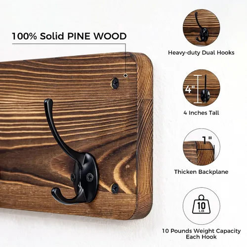 Miniatura 4 de Perchero de pared de 29.5 pulgadas de ancho con estante, estante de pasillo con 12 ganchos para abrigos, perchas para pared, perchero para clavijas