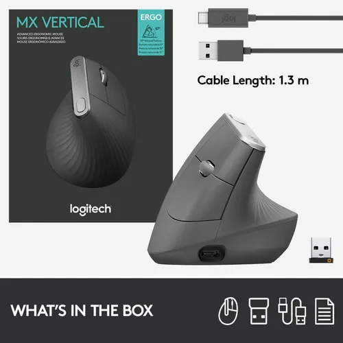 Miniatura 9 de Logitech MX - mouse inalámbrico vertical – diseño ergonómico avanzado que reduce la tensión muscular, controla y mueve contenido entre 3