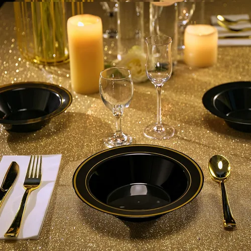 Miniatura 6 de JOLLY PARTY 100 piezas de tazones de plástico negro con borde dorado - 12 onzas, tazones desechables para sopa, tazones premium para postre