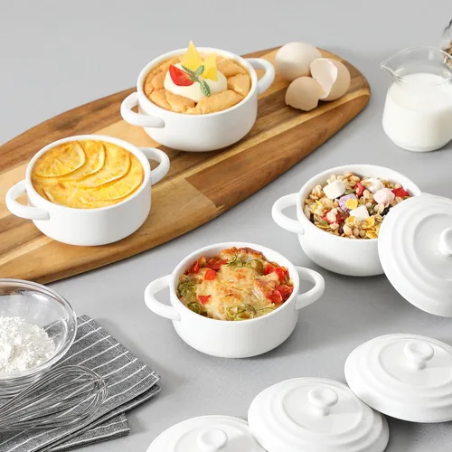 Miniatura 6 de MALACASA Mini Cocotte Set - 14 OZ (aproximadamente 396.89g) Platos pequeños de cazuela con tapas y asas, juego de 4 ollas holandesas mini de Blanco