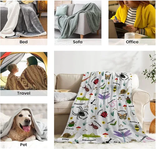 Miniatura 7 de Manta de Insectos Manta de Bichos para Niños y Niñas Manta de Mariposas Suave y Acogedora para Sofá, Sofá Cama, Dormitorio Decoración de Bugs
