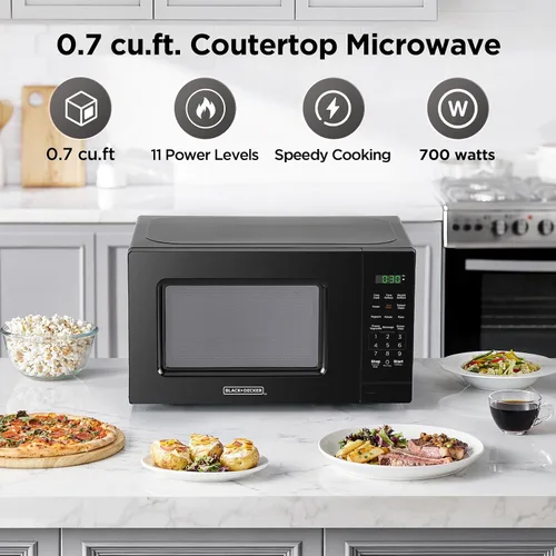Miniatura 3 de Horno microondas compacto de 0.7 pies cúbicos, 700 W, 11 niveles de potencia, 6 preajustes, bloqueo de seguridad para niños, pantalla LED, puerta