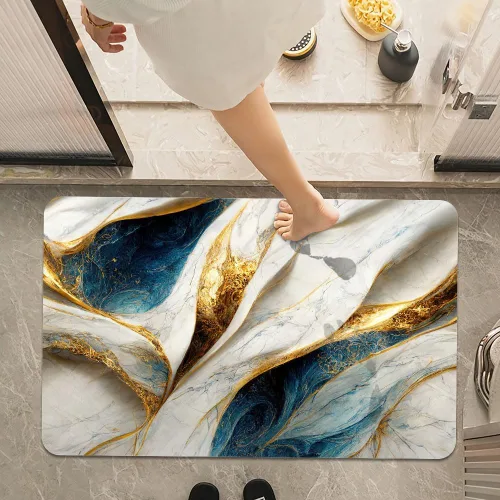 Miniatura 7 de Alfombra de baño, diseño abstracto de mármol azul y dorado, antideslizante, de secado rápido, súper absorbente, delgada, para debajo de la puerta