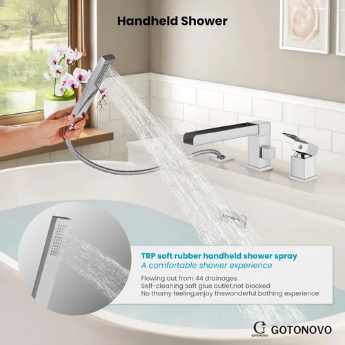 Miniatura 5 de gotonovo Grifo de bañera romano con ducha de mano, 3 agujeros, montaje en cubierta, juego de grifo de bañera de una sola manija generalizado
