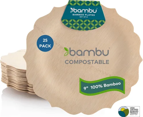 Bambu Paquete de platos desechables de bambú de 25 a 9 pulgadas, productos biodegradables ecológicos, platos desechables de bambú para fiestas,