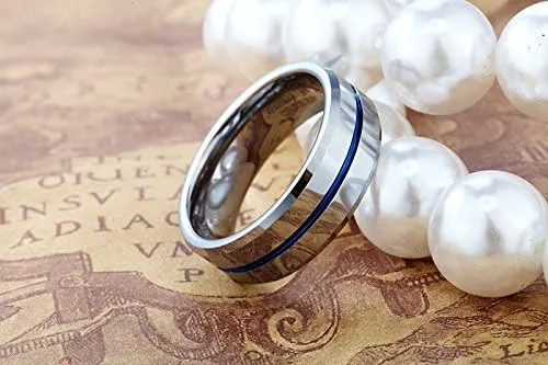 Miniatura 3 de Tusen Jewelry, anillo de boda con delgada línea azul chapado en carburo de tungsteno.