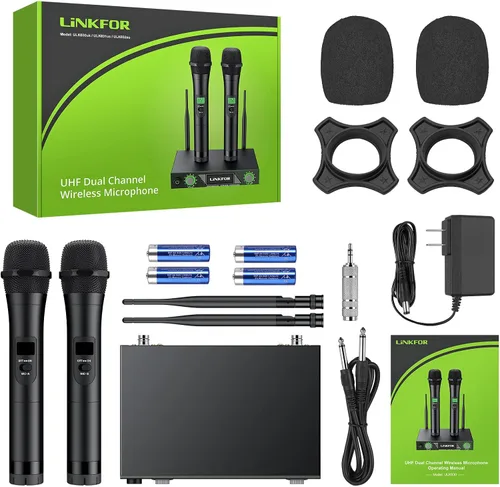 Miniatura 7 de LiNKFOR Micrófono inalámbrico, sistema de micrófono de karaoke inalámbrico UHF, micrófono inalámbrico dual profesional de 196 pies, rango