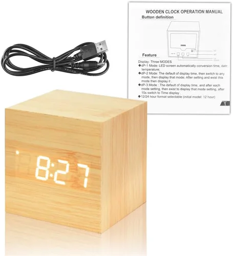 Miniatura 4 de ThreeH Reloj despertador digital de madera, reloj pequeño con pantalla LED de calendario de temperatura, control de sonido, modo de repetición