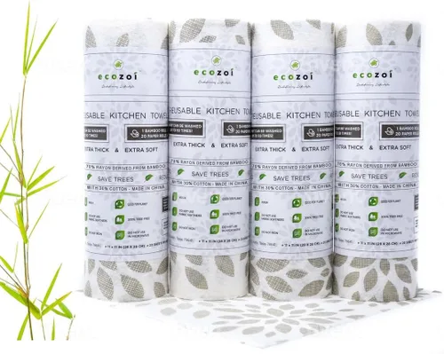 Miniatura 4 de ecozoi Toallas de papel de bambú reutilizables, paquete de 4, rayón derivado de bambú, equivalente a 80 rollos regulares, rollos de papel de cocina