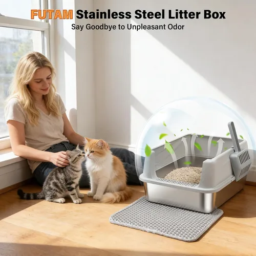 Miniatura 8 de Caja de arena de acero inoxidable con lados altos, pequeña caja de arena de metal para gatitos y gatos pequeños, cajas de arena para gatitos
