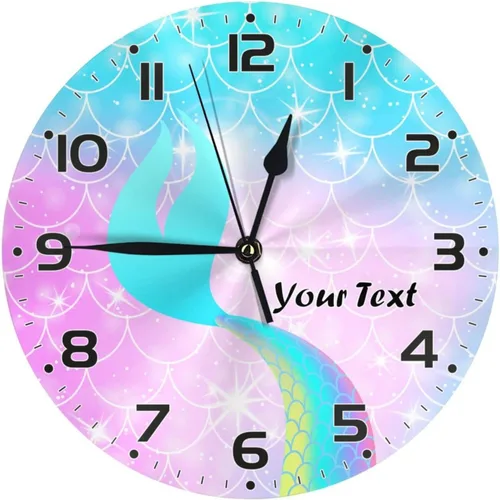 Miniatura 10 de Reloj de pared personalizado con escamas de sirena coloridas y estrellas de mar para habitación de niños, reloj de pared personalizado con nombre