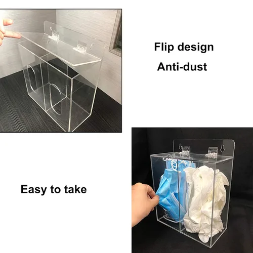 Miniatura 3 de Dispensador de mascarillas acrílicas y guantes con tapa, dispensador doble de montaje en pared para máscara facial, redecilla, cubierta de zapatos